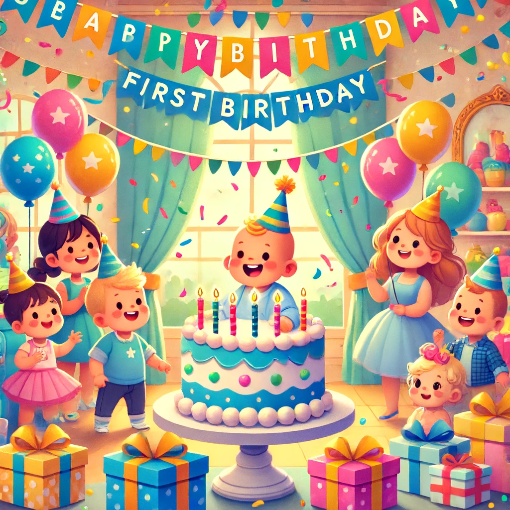 A vibrant, cheerful illustration of a baby's first birthday party. The scene features colorful decorations such as balloons, streamers, and a birthday banner. A large birthday cake with one candle sits on a decorated table surrounded by presents. Happy children and smiling parents are gathered, celebrating. The background shows a cozy living room or a festive hall, with a soft, joyful ambiance.